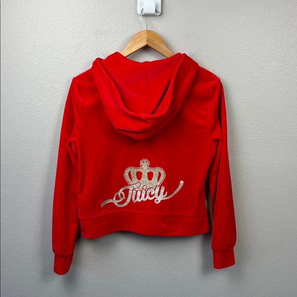 Juicy Couture SET Red Velour Zip Up Jacket Flare Pants Glittering Crown S Y2K - Picture 8 of 13